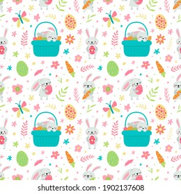Vector seamless pattern for Easter and spring designs with rabbits and eggs