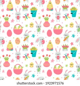 Vector seamless pattern for Easter and spring designs with rabbits and eggs