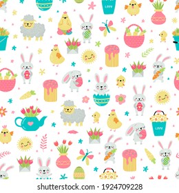 Vector seamless pattern for Easter and spring designs with rabbits and eggs
