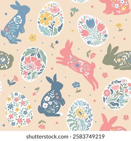 Vector seamless pattern. Easter spring background with flowers, rabbits, ornate eggs in pastel colors.