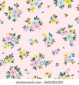 Vector seamless pattern. Easter spring pattern in small flowers. Small blue, pink and yellow flowers. Pink background. Ditsy floral background. Gentle template for fashion prints. Stock vector.