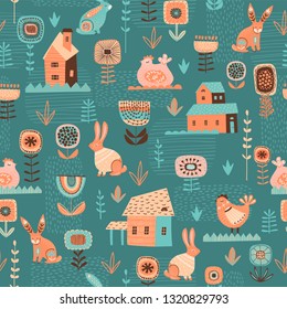 Vector seamless pattern with easter symbols and folk flowers. For Easter and other users. Design element.