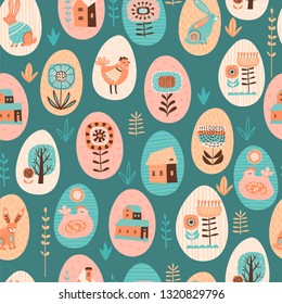 Vector seamless pattern with easter symbols and folk flowers. For Easter and other users. Design element.