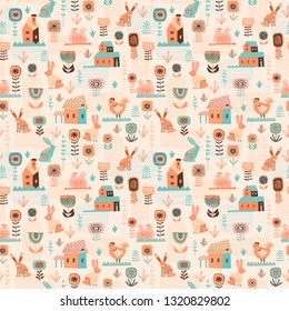 Vector seamless pattern with easter symbols and folk flowers. For Easter and other users. Design element.