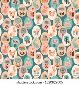 Vector seamless pattern with easter symbols and folk flowers. For Easter and other users. Design element.