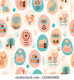 Vector seamless pattern with easter symbols and folk flowers. For Easter and other users. Design element.