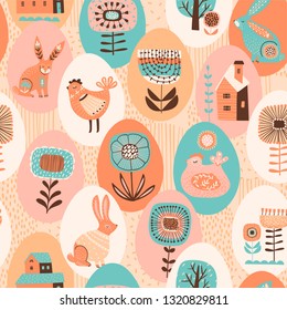 Vector seamless pattern with easter symbols and folk flowers. For Easter and other users. Design element.