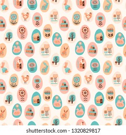 Vector seamless pattern with easter symbols and folk flowers. For Easter and other users. Design element.