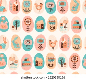 Vector seamless pattern with easter symbols and folk flowers. For Easter and other users. Design element.