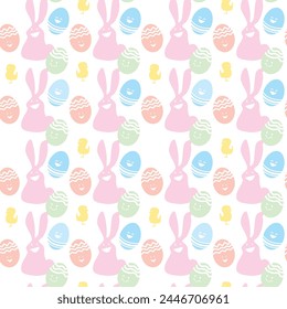 Vector seamless pattern for Easter theme, cute flat little chicken, happy rabbit and egg on white background.