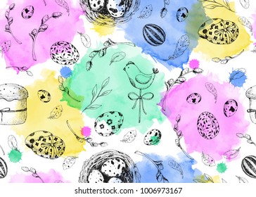 Vector seamless pattern for Easter. Vintage black and white background with engraving elements: eggs, willow, nest and cake. Watercolor. Hand drawn sketch. You can use for textile, surface, pack.