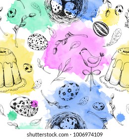 Vector seamless pattern for Easter. Vintage black and white background with engraving elements: eggs, willow, nest and cake. Watercolor. Hand drawn sketch. You can use for textile, surface, pack.