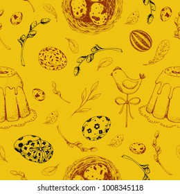 Vector seamless pattern for Easter. Vintage yellow background with engraving elements: eggs, willow, nest and cake. Hand drawn sketch. You can use for textile, surface, gift paper, pack.