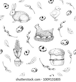 Vector seamless pattern for Easter. Vintage black and white background with engraving elements: eggs, willow, bunny, chicken, flowers and cake. Hand drawn sketch for textile, surface, gift paper, pack