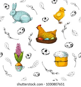 Vector seamless pattern for Easter. Vintage colorful background with engraving elements: eggs, willow, bunny, chicken, flowers and cake. Hand drawn sketch for textile, surface, gift paper, pack