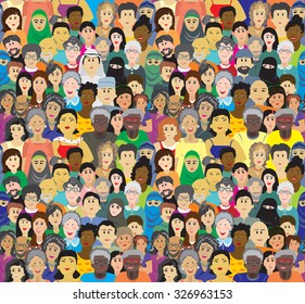 Vector seamless pattern with the lot of Eastern multinational people different age in multicolored clothes. 