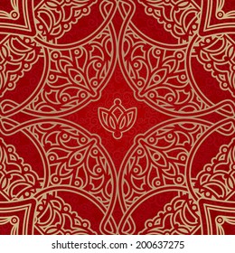 Vector seamless pattern in Eastern style. Element for design. Ornamental backdrop. Brocade lace background. Ornate floral decor for wallpaper. Traditional golden tracery on red pattern fill.