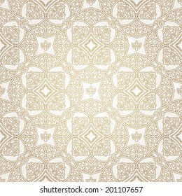 Vector seamless pattern in Eastern style. Light element for design. Ornamental backdrop and light lace background. Ornate floral decor for wallpaper. Endless texture. Monochrome pattern fill.