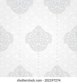Vector seamless pattern in Eastern style. Light simple element for design. Ornamental backdrop and light lace background. Ornate floral decor for wallpaper. Endless texture. Monochrome pattern fill.