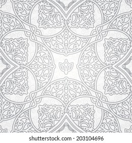 Vector seamless pattern in Eastern style. Grey element for design. Ornamental backdrop and light lace background. Ornate floral decor for wallpaper. Endless texture. Monochrome pattern fill.