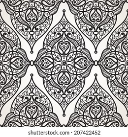 Vector seamless pattern in Eastern style. Contrast element for design. Ornamental backdrop and lace background. Ornate floral decor for wallpaper. Endless texture. Monochrome pattern fill.