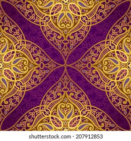 Vector seamless pattern in Eastern style. Golden element for design. Ornamental lace tracery on purple background. Ornate floral decor for wallpaper. Endless texture. Bright pattern fill.