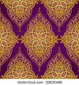 Vector seamless pattern in Eastern style. Golden element for design. Ornamental lace tracery on purple background. Ornate floral decor for wallpaper. Endless texture. Bright pattern fill.