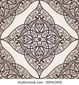Vector seamless pattern in Eastern style. Contrast element for design. Ornamental backdrop and lace background. Ornate floral decor for wallpaper. Endless texture. Monochrome pattern fill.