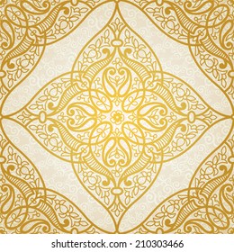 Vector seamless pattern in Eastern style. Golden element for design. Ornamental lace tracery on light background. Ornate floral decor for wallpaper. Endless texture. Bright pattern fill.