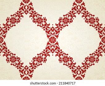 Vector seamless pattern in Eastern style. Red element for design. Ornamental lace tracery on light background. Ornate floral decor for wallpaper. Endless texture. Contrast pattern fill.