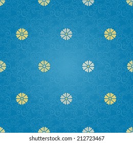 Vector seamless pattern in Eastern style. Blue element for design. Ornamental lace tracery on scroll work background. Ornate floral decor for wallpaper. Endless texture and bright pattern fill.