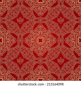 Vector seamless pattern in Eastern style. Element for design. Ornamental backdrop. Brocade lace background. Ornate floral decor for wallpaper. Traditional golden tracery on red pattern fill.