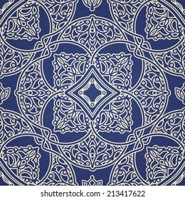 Vector seamless pattern in Eastern style. Bright element for design. Ornamental lace tracery on blue background. Ornate floral decor for wallpaper. Endless texture and brocade pattern fill.