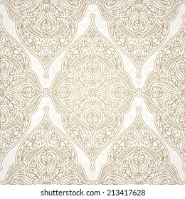 Vector seamless pattern in Eastern style. Beige monochrome element for design. Ornamental lace tracery on light background. Ornate floral decor for wallpaper. Endless texture. Pastel pattern fill.