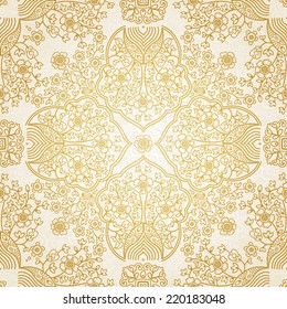 Vector seamless pattern in Eastern style. Beige monochrome element for design. Ornamental lace tracery on light background. Ornate floral decor for wallpaper. Endless texture. Golden pattern fill.