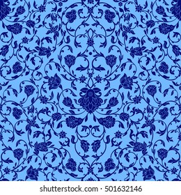 Vector seamless pattern in Eastern style in blue color. Ornate elements for design.Intricate ornamental decoration , can be used on wedding invitations and greeting cards.
