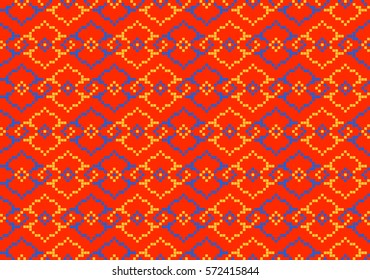 Vector Seamless Pattern in Eastern Style. Embroidered Ornament Handmade from Stitches for Textile Design, Greeting Cards, Background, Invitations, Wrapping, Wallpaper. Ethnic Pixel Endless Texture. 