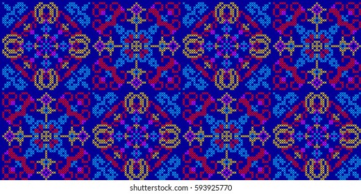 Vector seamless pattern in Eastern style. Ethnic Embroidered Handmade Ornament Made from Stitches for Textile Design, Greeting Cards, Background,Invitations,Wrapping, Wallpaper, jacquard, tapestry.