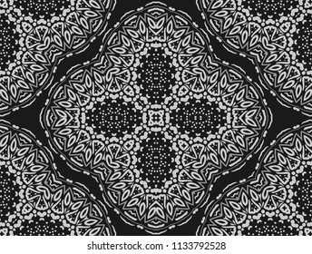 Vector seamless pattern. Eastern texture for textiles, fabrics, flax. Abstract ornament with a contour mandala. Black and white texture of the East in the style of Damascus. Vintage Wallpaper Template