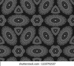 Vector seamless pattern. Eastern texture for textiles, fabrics, flax. Abstract ornament with a contour mandala. Black and white texture of the East in the style of Damascus. Vintage Wallpaper Template