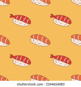 Vector seamless pattern with ebi nigiri and sake sushi in retro style. Sushi on yellow background 70s. Groovy asian food.