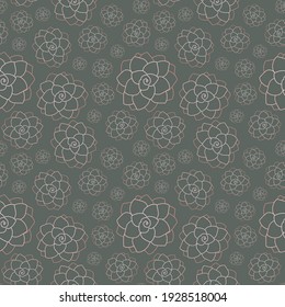 Vector seamless pattern with Echeveria on a dark green background. 
Succulents and desert plants as a repeated background. Great for gift wrapping, fabric, textile.
