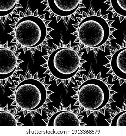 vector seamless pattern eclipse white outline on black background. moon and sun are connected hand drawn in the night texture sketch style for the design template