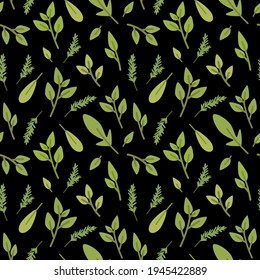 Vector seamless pattern in eco style. Herbs on black background. Stylized plants - rosemary, mint, basil. Simple summer natural style pattern for paper, textile, wallpaper, product design.