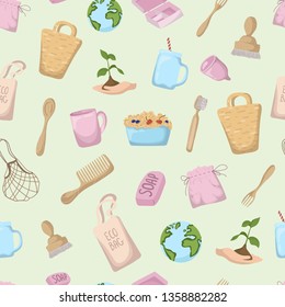 Vector seamless pattern. Eco things - bamboo bag, food basket, cup, soap, comb on white background. Ecological problem of plastic trash, pollution. Reusable eco friendly materials. Vecor