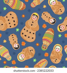 Vector seamless pattern with ecuadorian bread babies and marigolds.