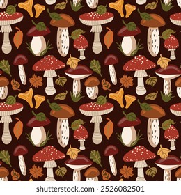 Vector seamless pattern with edible mush and autumn leaves. Autumn time. Autumn forest. Hand drawn illustration. The print is used for Wallpaper, fabric, textile.