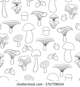 Vector seamless pattern with edible mushrooms, coloring page for children and adults