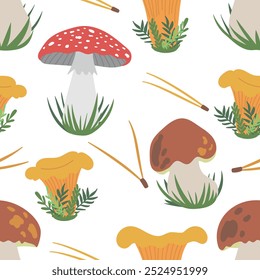 Padrão sem emenda do vetor com cogumelo comestível porcini, boletus edulis, chanterelle e cogumelo venenoso amanita vermelho mosca em grama isolado no fundo branco. Ilustração em plano desenhada à mão