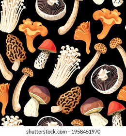 Vector seamless pattern with edible raw mushrooms